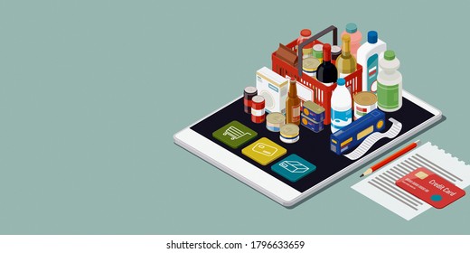 Online Grocery Shopping: Full Shopping Basket, Food And Beverages On A Digital Smartphone, Isometric 3D Illustration