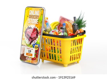 Online grocery store order. Smartphone, supermarket basket with fresh food, fruits, vegetables, beverage. Shopping online e-commerce delivery service during coronavirus pandemic, quarantine. 3D render