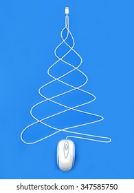 Online Holiday Shopping Concept, White Computer Mouse In The Shape Of A Christmas Tree On A Blue Background.