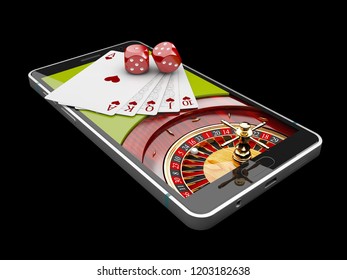 Online Internet Casino App,poker Cards With Dice On The Phone, Gambling Casino Games. 3d Illustration.