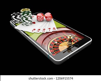 Online Internet casino app,poker cards with dice and casino chips on the phone. 3d illustration - Powered by Shutterstock