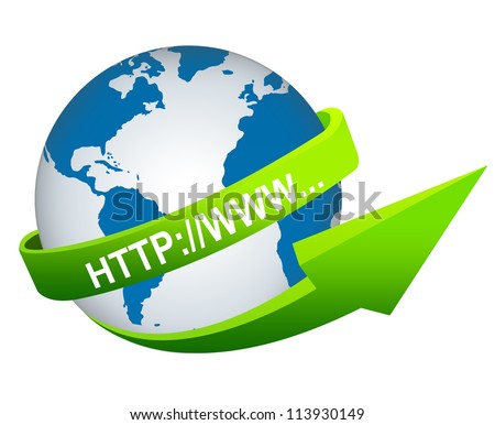 Online and Internet Concept Present By Green Internet URL Arrow Around The Blue World Isolated on White Background