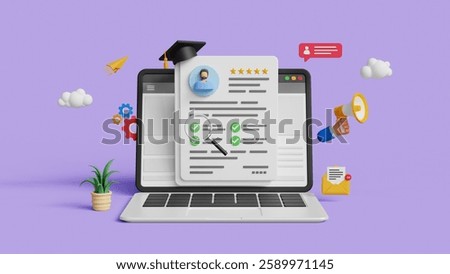 Online job application form. Finding ideal candidate, recruitment, job applicant, hiring process, head hunting, job opportunity concept. CV document on a laptop screen. 3D illustration