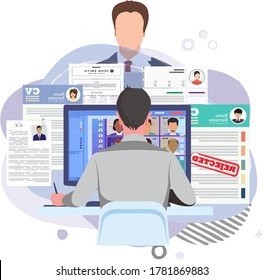 Online Job Interview,an Illustration Showcasing New Hiring Processes Such As Virtual Recruiting And Video Interviews.  