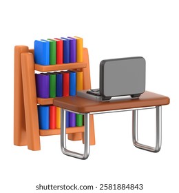 Online Learning 3D illustration. study setup featuring a desk with a laptop and a bookshelf filled with colorful books, representing online education, and digital study environments