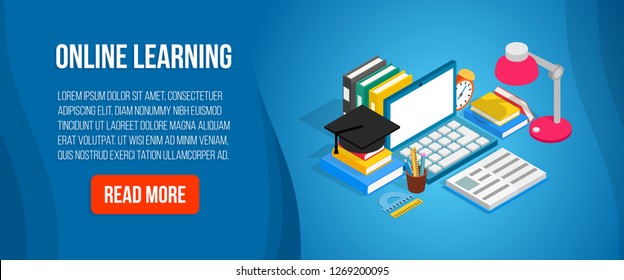 Online Learning Concept Banner. Isometric Banner Of Online Learning Concept For Web, Giftcard And Postcard