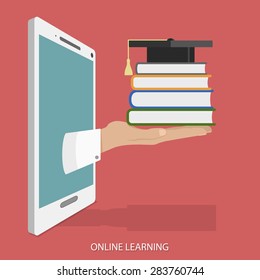 Online Learning Flat Isometric Concept. Hand With Books And Square Academic Cap Appeared From Smartphone Or Tablet.