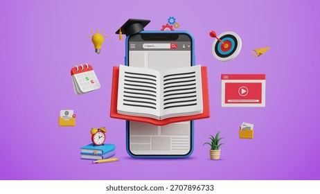 Online Learning Platform, Study Online Course, Digital Skill Building, Virtual Courses, New Skill, Enhancing Assessment and Online Class Concept. 3D Smartphone with Book and Graduation Cap