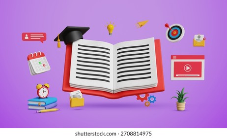 Online Learning Platform, Study Online Course, Digital Skill Building, Virtual Courses, New Skill, Enhancing Assessment and Online Class Concept. 3D Book and Graduation Cap with Education Icons