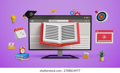 Online Learning Platform, Study Online Course, Digital Skill Building, Virtual Courses, New Skill, Enhancing Assessment and Online Class Concept. 3D Computer with Book and Graduation Cap