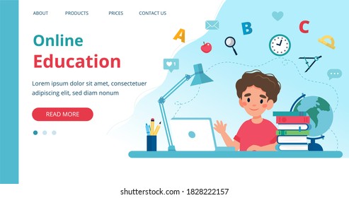 Online learning template with boy studying with computer. illustration in flat style