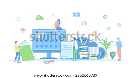 Online library, E-library mobile application for reading, E-learning shop. People read e-books. Online Distance Education process, Communication. Raster illustration flat style.	
