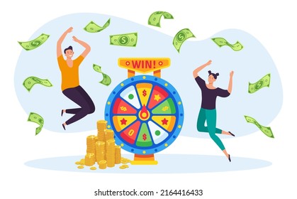 Online lottery game concept. Man and woman winning jackpot on spinning wheel. Characters jumping, money banknotes falling down. Gambling, cartoon people having lucky chance in game  - Powered by Shutterstock