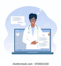 Online medical advice and support. Internet doctor. Medical services, ask your doctor. Family doctor woman with stethoscope at laptop screen.  Black beautiful smiling woman in medical clothing.  - Powered by Shutterstock