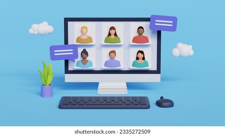 Online Meeting, Virtual Conference Video call, Briefing, Teamwork Concept. 3d realistic illustration on blue background - Powered by Shutterstock