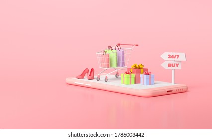 Online Mobile Shopping Concept. Gift And Shopping Cart On Top Of Smartphone, Online Store Background For Advertising, Banner, Brochure And Web Template. 3D Rendering