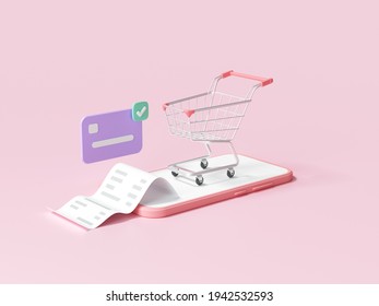 Online Mobile Shopping Concept, Shopping On Smartphone With Transaction Credit Card. 3d Render Illustration