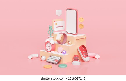 Online Mobile Shopping, Smartphone, Watch, Clock And Shoe On Stairway. 3d Render Shopping On Smartphone Application. 3d Illustration