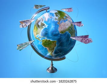 Online Money Transaction Around World, Business, Mobile Banking, Mobile Payments. Earth Globe, Euro And American Dollars Usd Banknote Planes Isolated On Blue Background, Money Exchange 3d Illustration