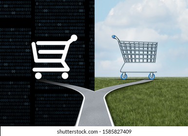 Online and offline shopping or internet commerce dilemma and buying choice choosing between two shop cart options as purchasing on the web or stores with 3D illustration elements.