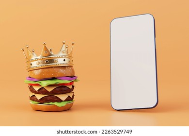 online order burger king. a large burger in a crown near a smartphone on a pastel background. 3D render.