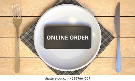 Online Order Text On The Screen Of Smartphone On The Plate. Food Related It Related  Animation 3D Rendering