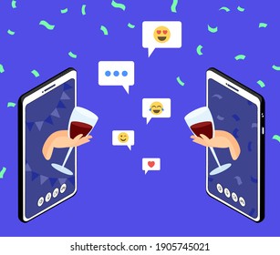 Online Party, Birthday, Meeting Friends. People Drink Wine Together In Quarantine. Video Chat. Class Reunion Graduation Party. Video Conference Video Call.