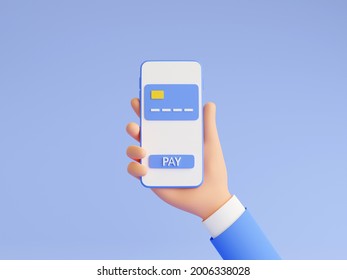 Online Payment 3d Render Illustration With Human Hand In Blue Business Suit Holding Mobile Phone With Credit Card And Pay Button On Touch Screen. Money Transfer And Electronic Wallet Concept.