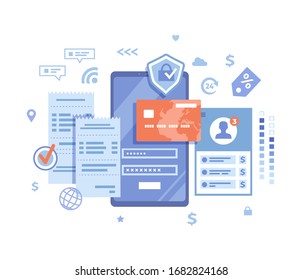 Online Payment Concept. Internet Payments, Data Protection, Money Transfer, Online Banking, Mobile Wallet, Pay History, Mobile App. Phone With User Interface Login And Password. Raster Version