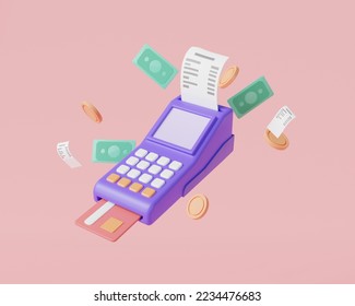 Online payment concept. Pos terminal, receipt, coins, banknote and credit card, Payment terminal, online transfer, online shopping, bill payment, transactions online. 3d render illustration