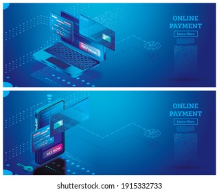 Online Payment With Notebook And Mobile Phone Isometric Illustration Concept. Online Shopping. Online Security Transaction.