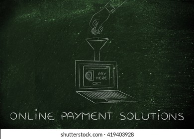 Online Payment Solutions: Hand Dropping Coin Into A Laptop With Insert Coin Pop-up Message Through A Funnel