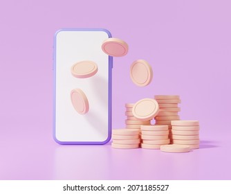 Online Payments Coin Floating With Smartphone, Transfer Exchange Concept. Pay Money Via App Internet Banking On Purple Background Cartoon Cute Smooth. 3d Render Illustration