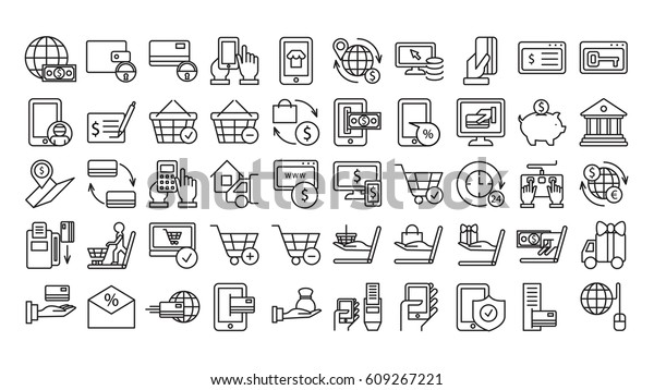 Online payments icons set on white background. Money, tablet, basket