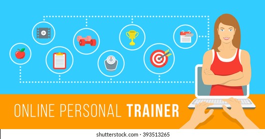 Online Personal Fitness Trainer Infographic Illustration. Concept Of Web Training With Virtual Instructor Who Gives Advice On Diet, Workouts Plan, Healthy Nutrition, Weight Loss, Goals Setting