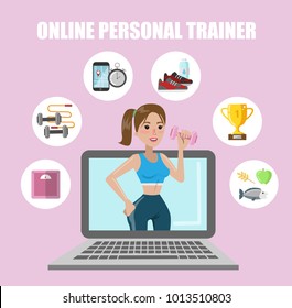 Online Personal Trainer. Fit Woman In Laptop With Dumbbell.