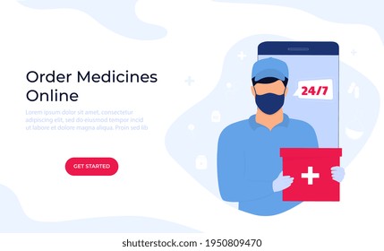 Online Pharmacy Concept. A Courier In A Protective Mask Holds A Box Of Medicines. Delivery Medical Supplies. Web Page Template