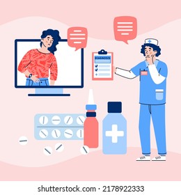 Online Pharmacy And Internet Remote Diagnosis Banner Flat Illustration.