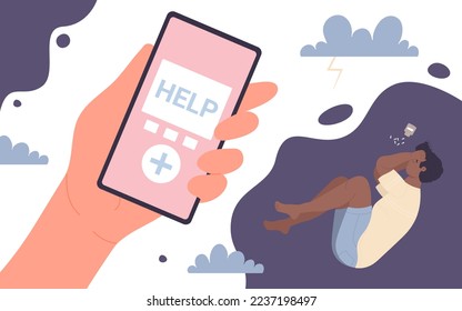 Online psychologist help illustration. Cartoon hand holding mobile phone with hotline app on screen, male character lying in need of counseling and therapy. Mental health, crisis concept - Powered by Shutterstock