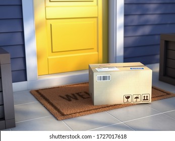 Konzept der Online-Lieferung. Pappkarton wird vor der Tür geliefert. Ein Paket auf der Türmatte neben der Eingangstür. 3D-Darstellung