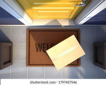 Online purchase delivery service concept. Cardboard parcel box delivered outside the door. Parcel on the door mat near entrance door. 3d rendering