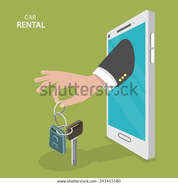 Online rental car service flat\
concept. Hand with car key appeared from white mobile\
phone.