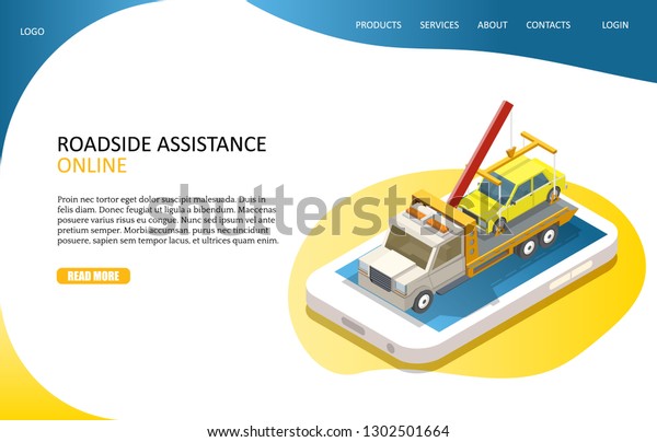 Online roadside assistance landing\
page website template. isometric smartphone with yellow car on tow\
truck evacuator. Car towing service mobile\
app.