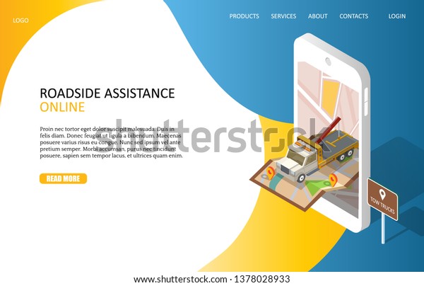 Online roadside assistance landing page\
website template. isometric smartphone with map and tow truck\
evacuator. Car towing service mobile\
app.