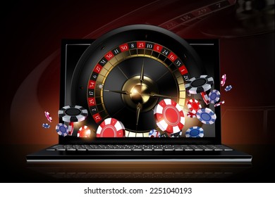 Online Roulette Games Conceptual 3D Illustration with Laptop Computer, Roulette Wheel and Casino Tokens.