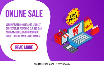 Online Sale Banner. Isometric Banner Of Online Sale Concept For Web, Giftcard And Postcard