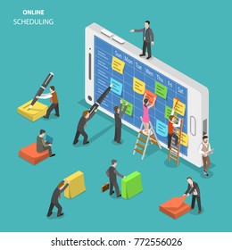 Online schedule flat isometric concept. People are filling a schedule on smartphone screen using colorful stickers and a pen.