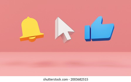 Online service concept. Arrow Bell and like Symbols on pink studio background. 3d rendering