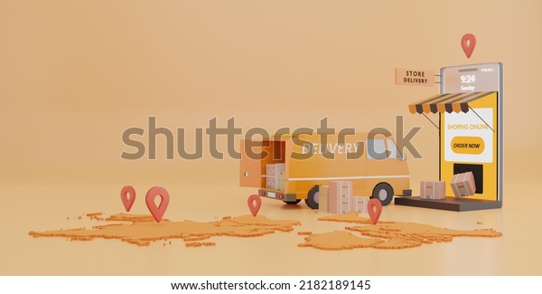 Online Shop Global logistic truck van delivery\
on smartphone.3d\
rendering