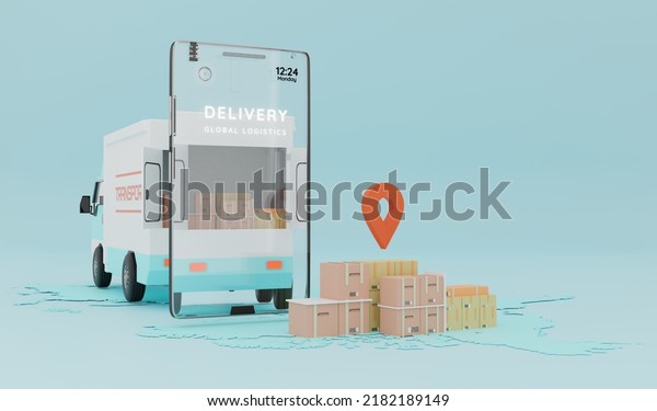 Online Shop Global logistic truck van delivery\
on smartphone.3d\
rendering